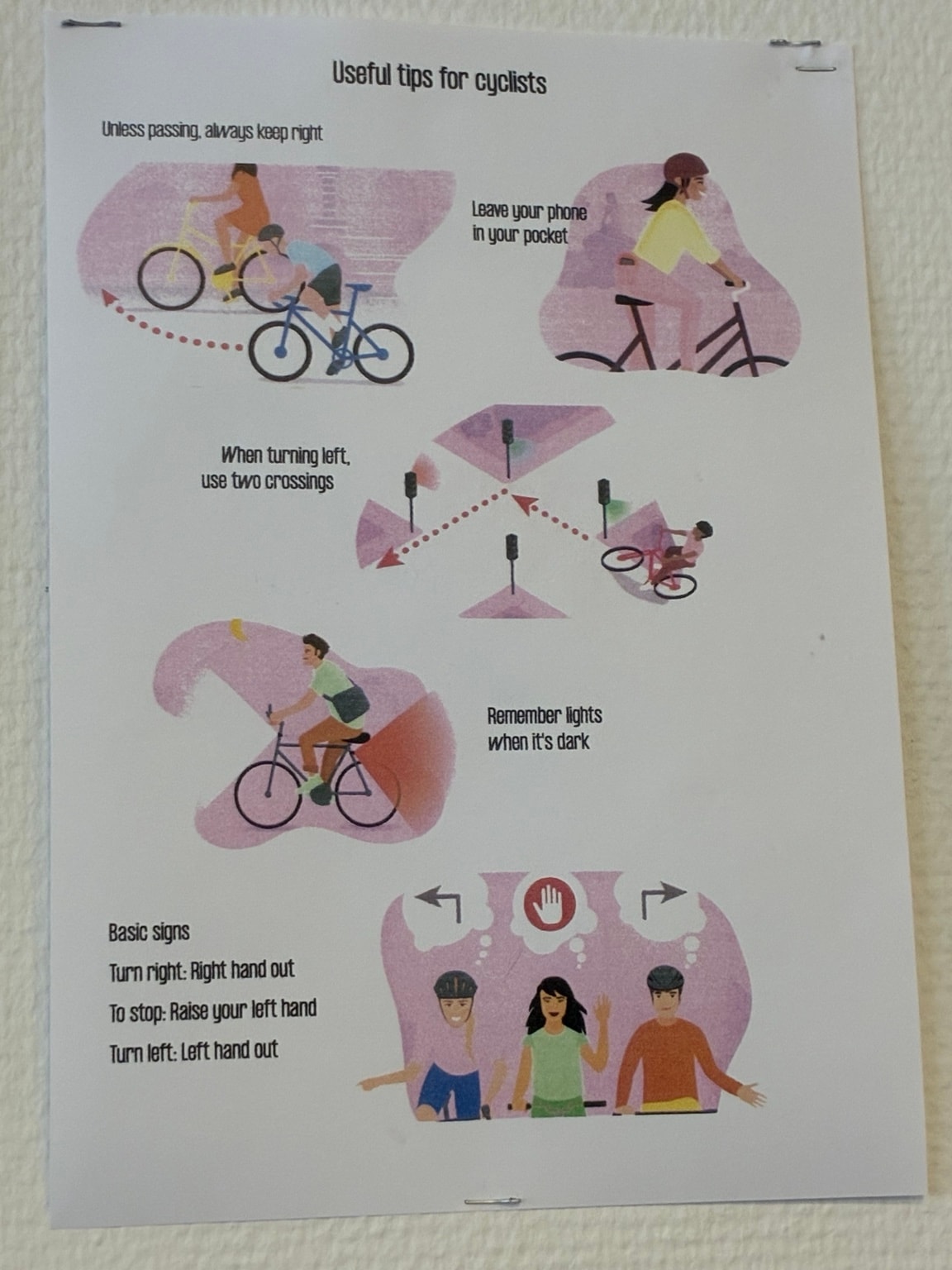 Tropical Bikes cycling tips infographic: keep right, leave your phone, use two crossings for left turns, remember lights, hand signals